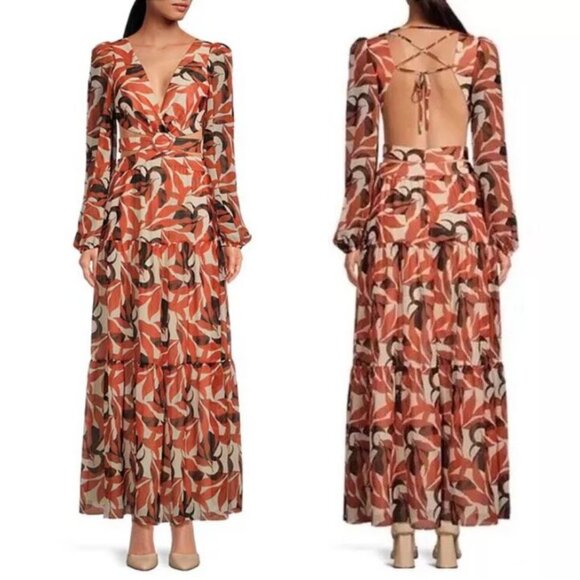 Gianni Bini Lillian Maxi Dress Size 12 Copper Palm Print Tiered Cut Out NEW - Picture 2 of 11